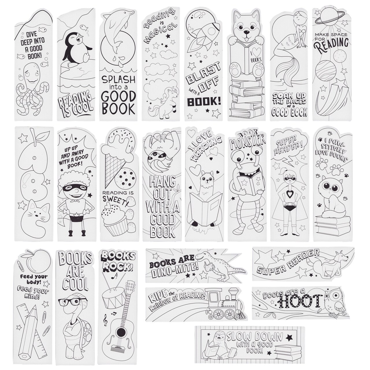 Juvale 24 Pack Color Your Own Bookmarks for Students and Kids Ages 3-14, DIY Classroom Art, 24 Book Worm Designs (2 x 6 In)
